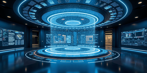 人工智能未来发展概念图，科技感设计，未来主义风格，蓝色主题色彩