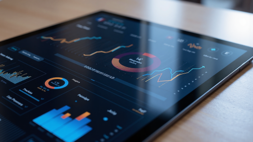 数据分析仪表板界面，显示各种图表和数据可视化，商业智能风格，现代化设计